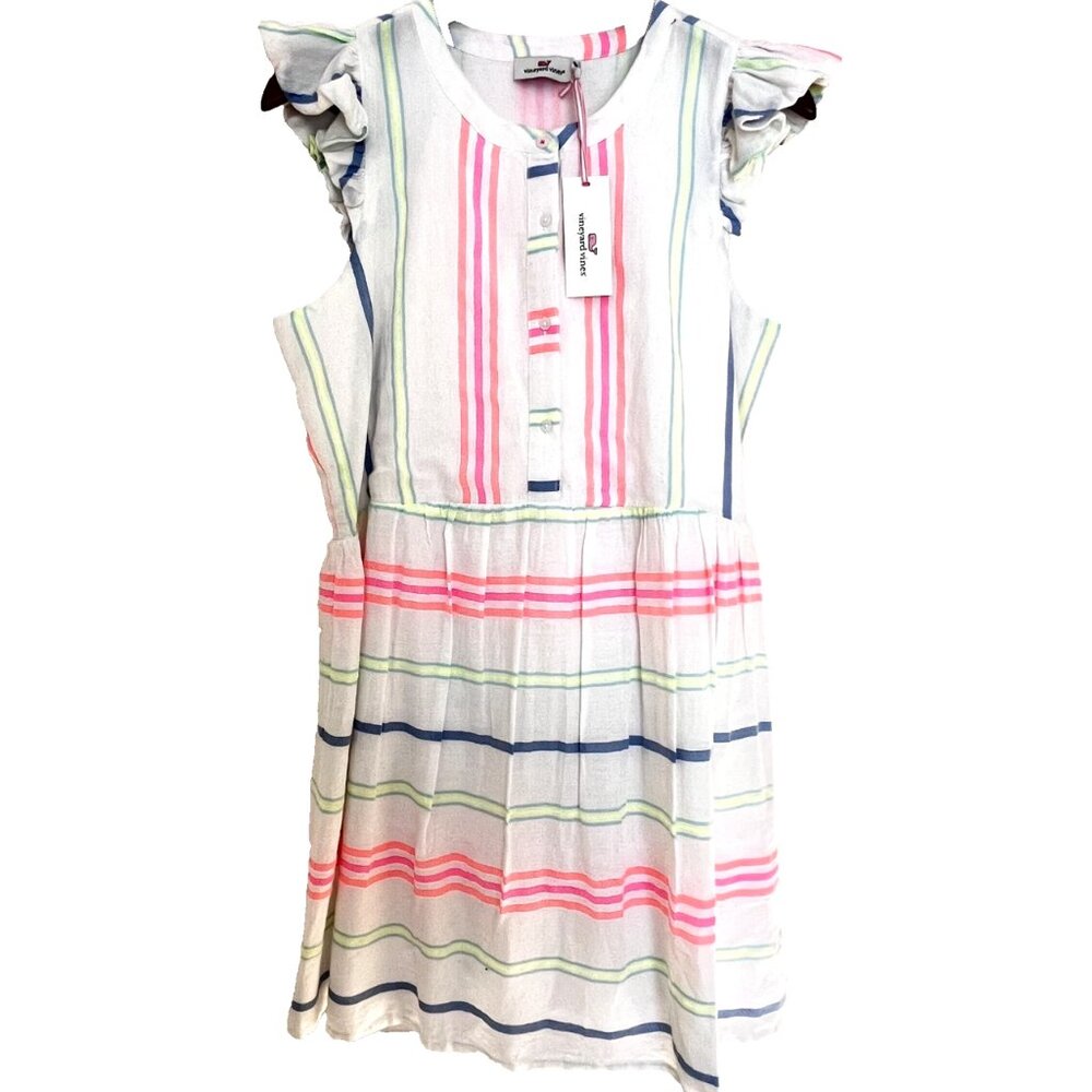Vineyard Vines Dress 12 Guava Multi Stripe Neon Drop sundress NWT